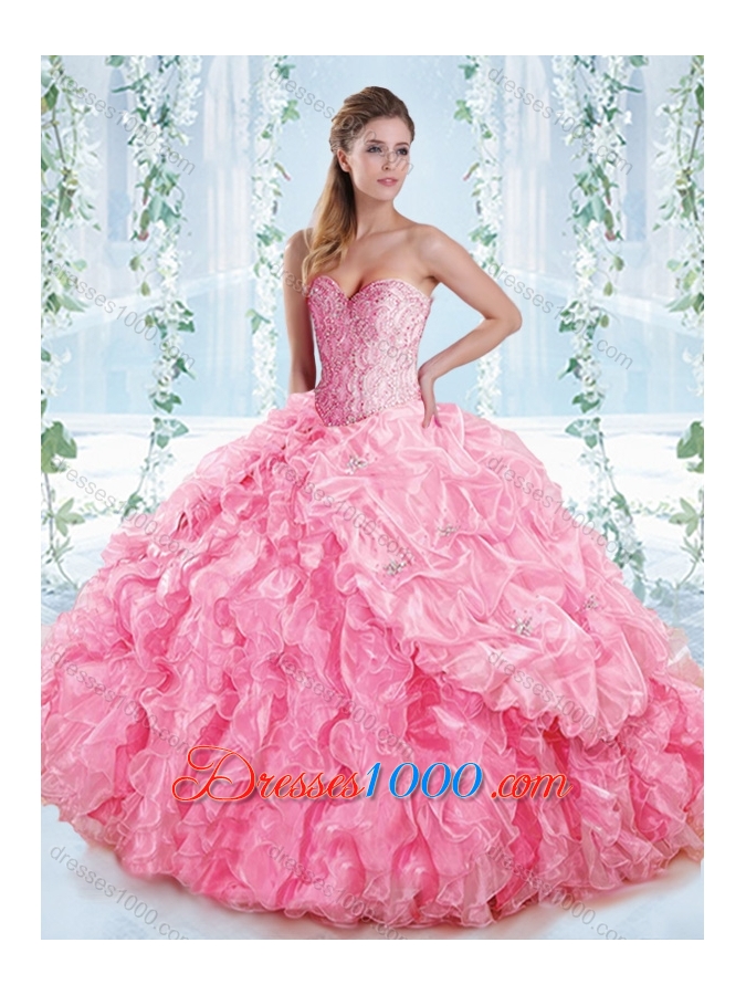 Lovely Rose Pink Detachable Quinceanera Dress with Beaded Bodice and Ruffles