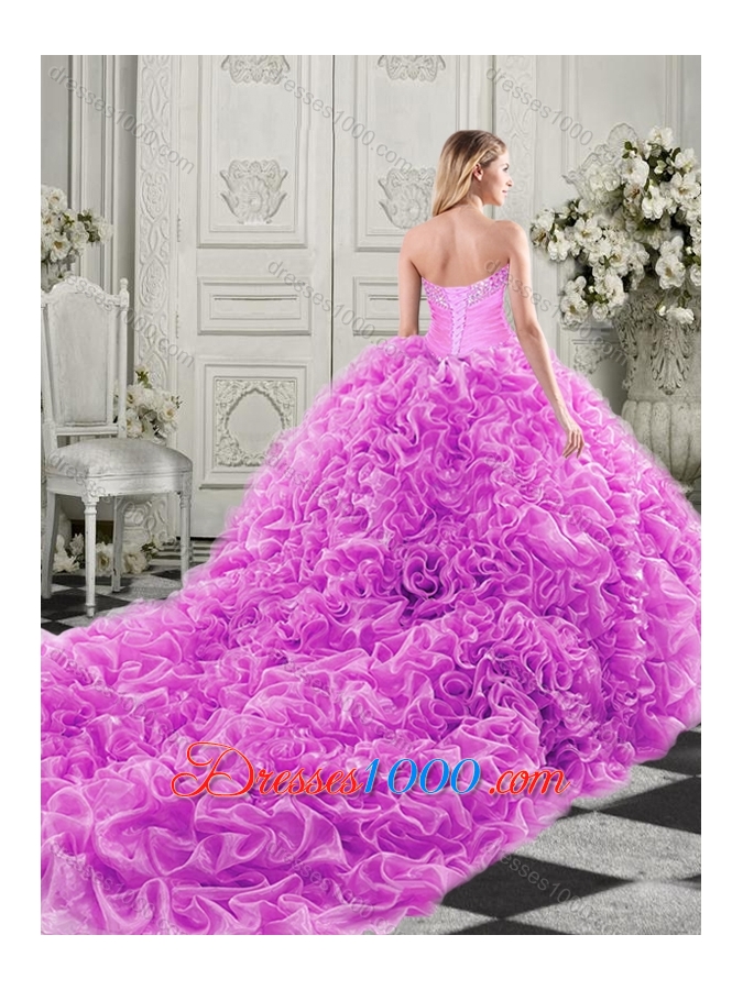 Modern Beaded and Ruffled Chapel Train Quinceanera Dress in Organza