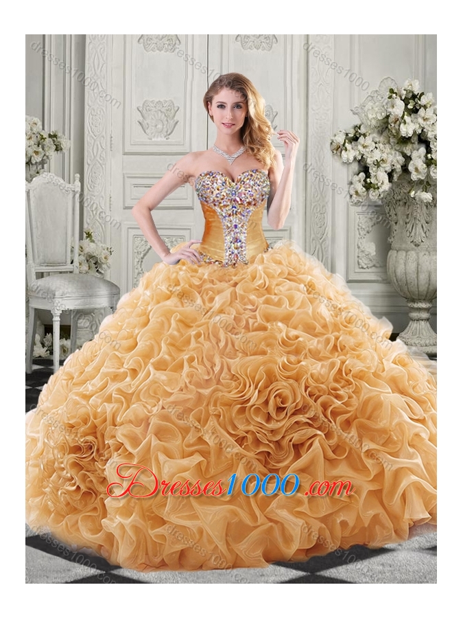 Modern Beaded and Ruffled Chapel Train Quinceanera Dress in Organza