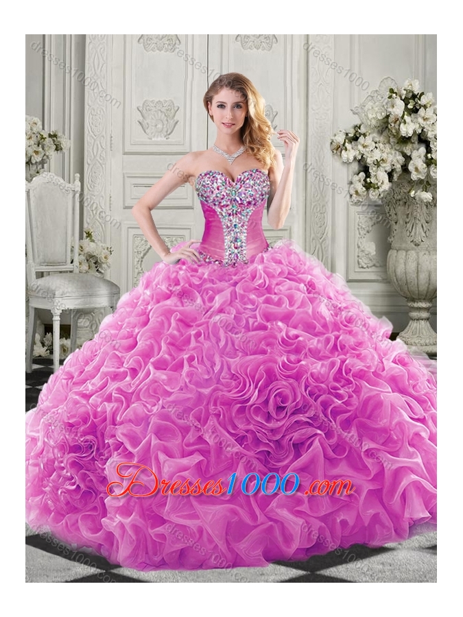 Modern Beaded and Ruffled Chapel Train Quinceanera Dress in Organza