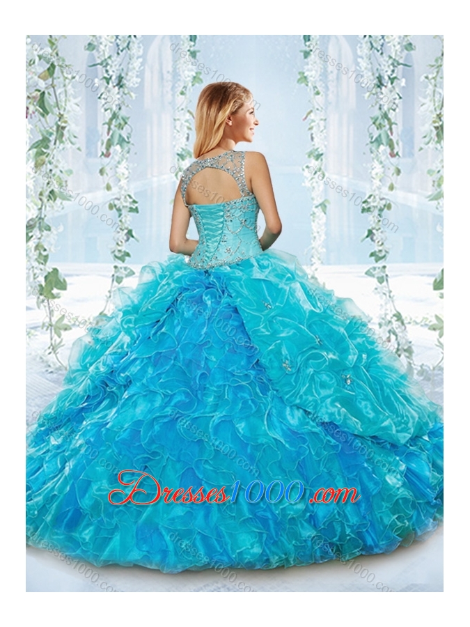 Modern See Through Blue Detachable Sweet 16 Dress with Beading and Ruffles