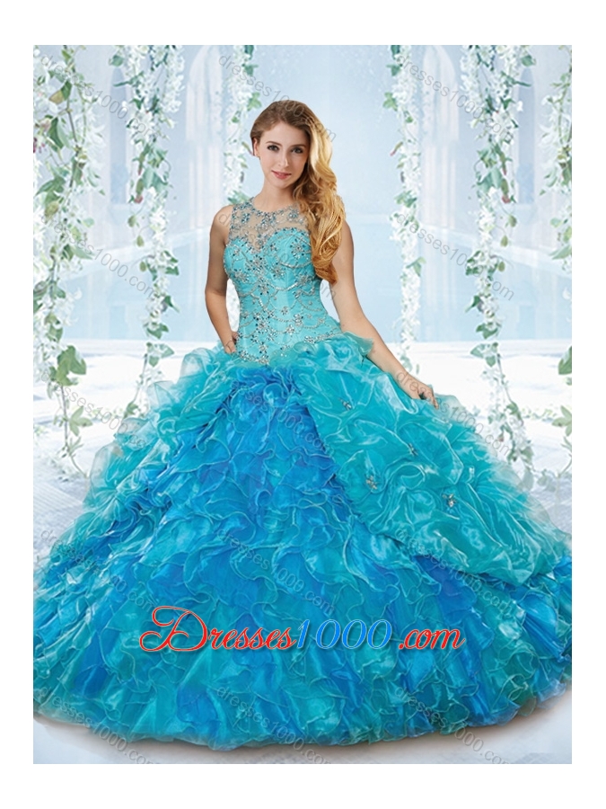 Modern See Through Blue Detachable Sweet 16 Dress with Beading and Ruffles