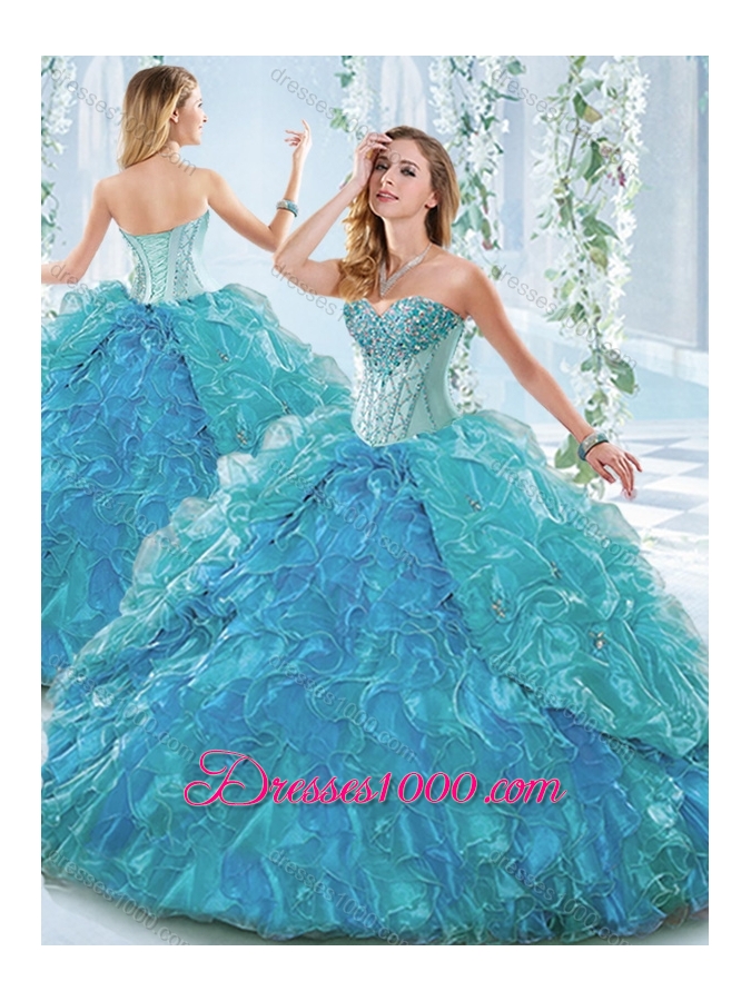 Popular Big Puffy Blue Detachable Sweet 16 Dress with Ruffles and Beading