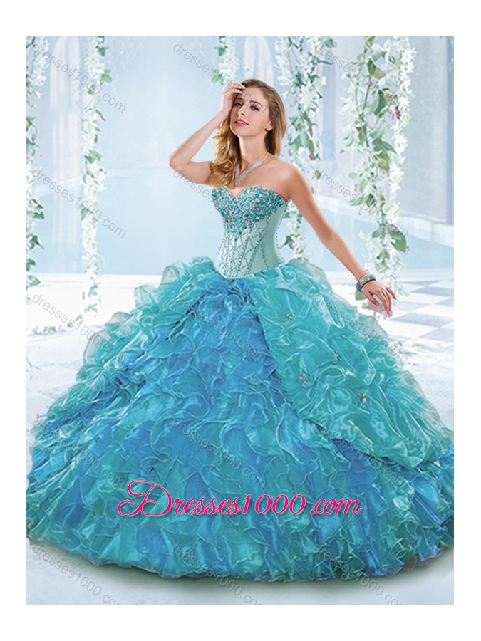 Popular Big Puffy Blue Detachable Sweet 16 Dress with Ruffles and Beading