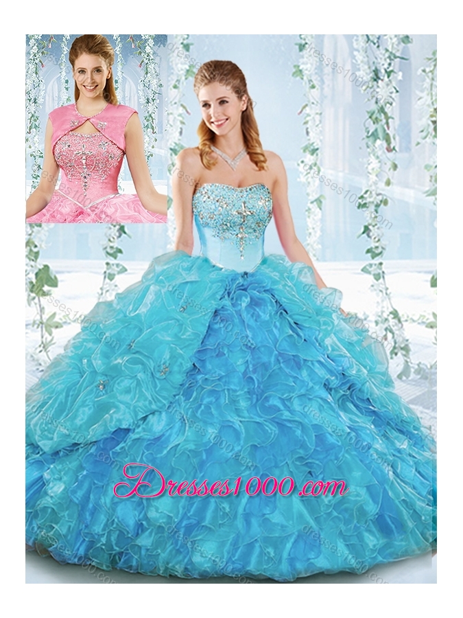 Popular Big Puffy Organza Detachable Sweet 16 Dress with Beading and Ruffles