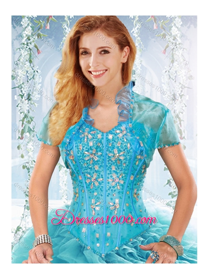 Simple Brush Train Beaded Detachable Quinceanera Gown in Aquamarine