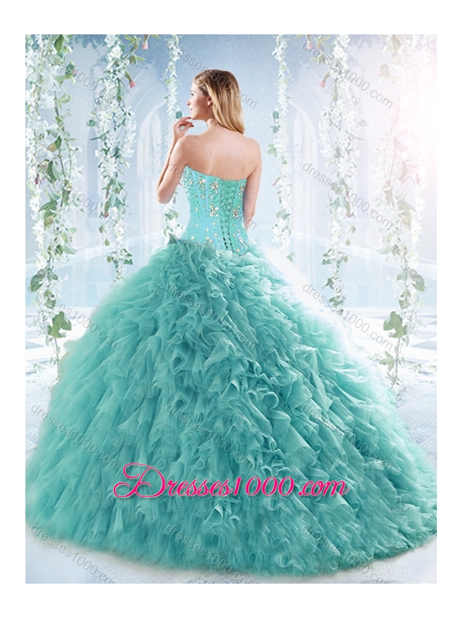 Simple Brush Train Beaded Detachable Quinceanera Gown in Aquamarine