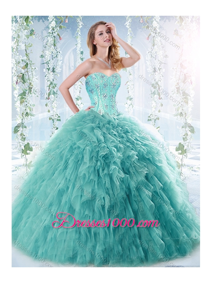 Simple Brush Train Beaded Detachable Quinceanera Gown in Aquamarine