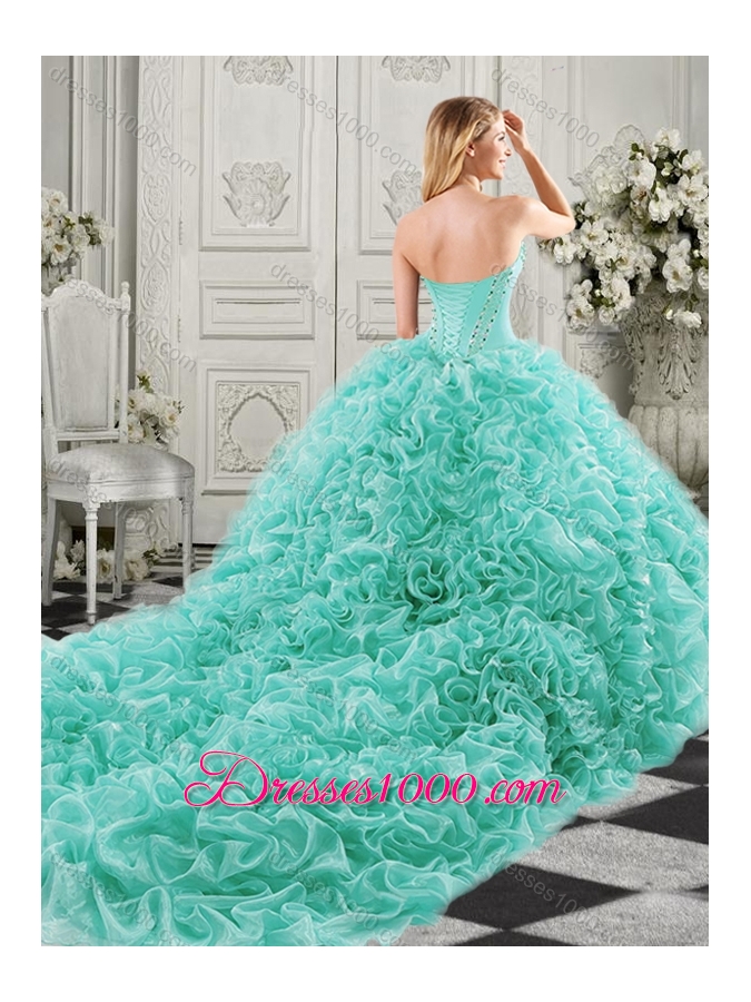 Discount Beaded Bodice and Ruffled Sweet Fifteen Dresses with Chapel Train