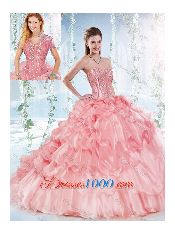 Modest Visible Boning Organza Sweet Fifteen Dresses with Beaded Bodice