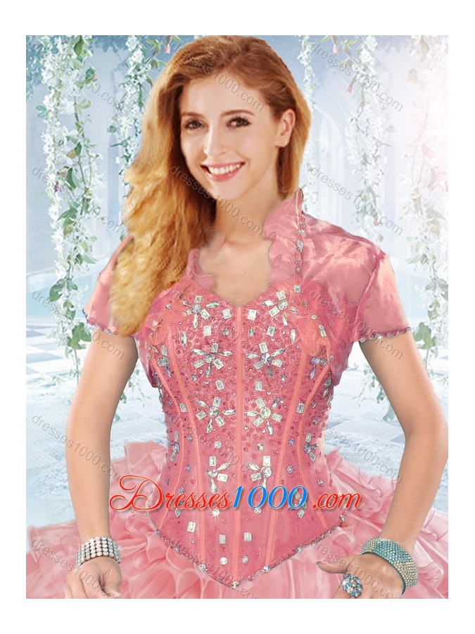 Modest Visible Boning Organza Sweet Fifteen Dresses with Beaded Bodice