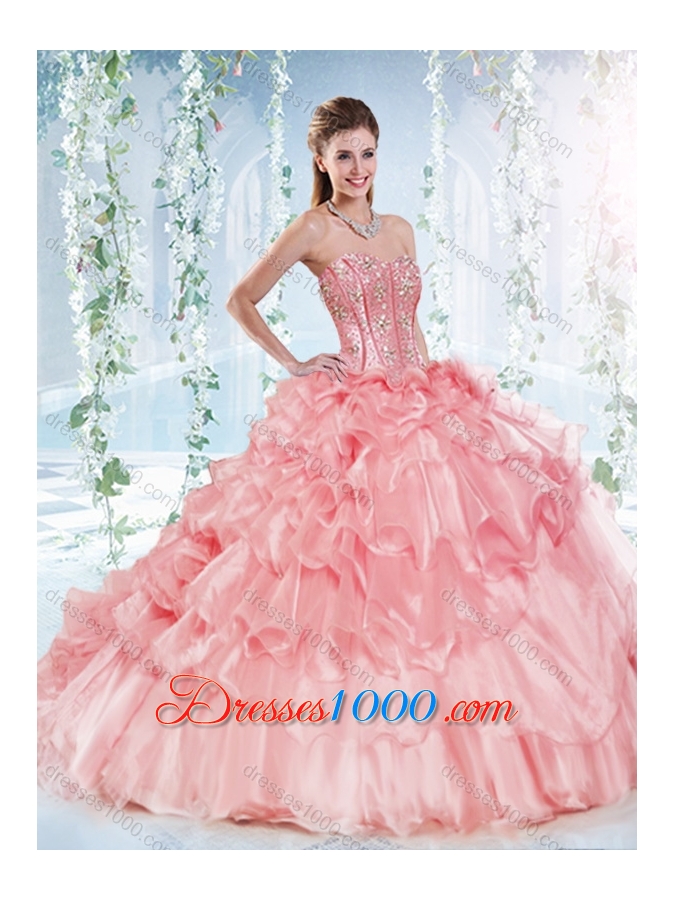 Modest Visible Boning Organza Sweet Fifteen Dresses with Beaded Bodice