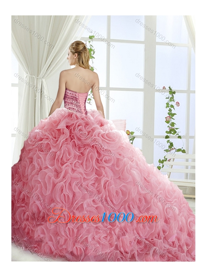 Artistic Rolling Flowers Brush Train Detachable Quinceanera Gowns with Beading