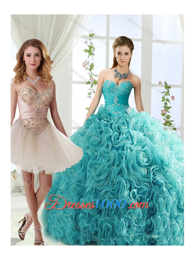 Beaded and Applique Big Puffy Detachable Quinceanera Gowns in Aqua Blue