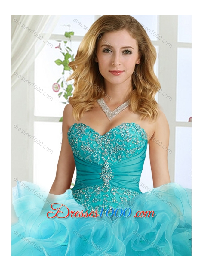 Beaded and Applique Big Puffy Detachable Quinceanera Gowns in Aqua Blue