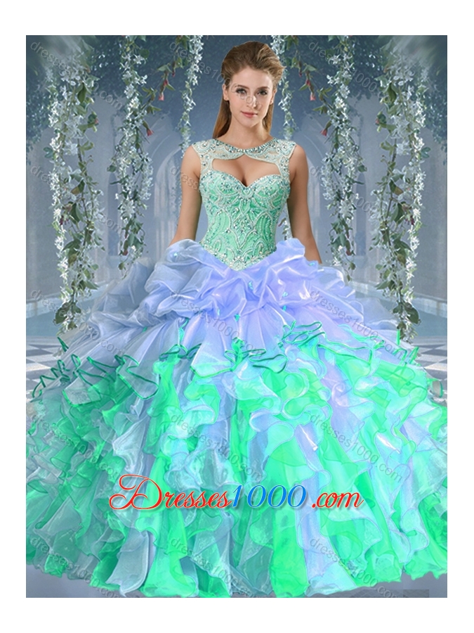 Beautiful Really Puffy Red and Champagne Beaded and Ruffled Quinceanera Dress