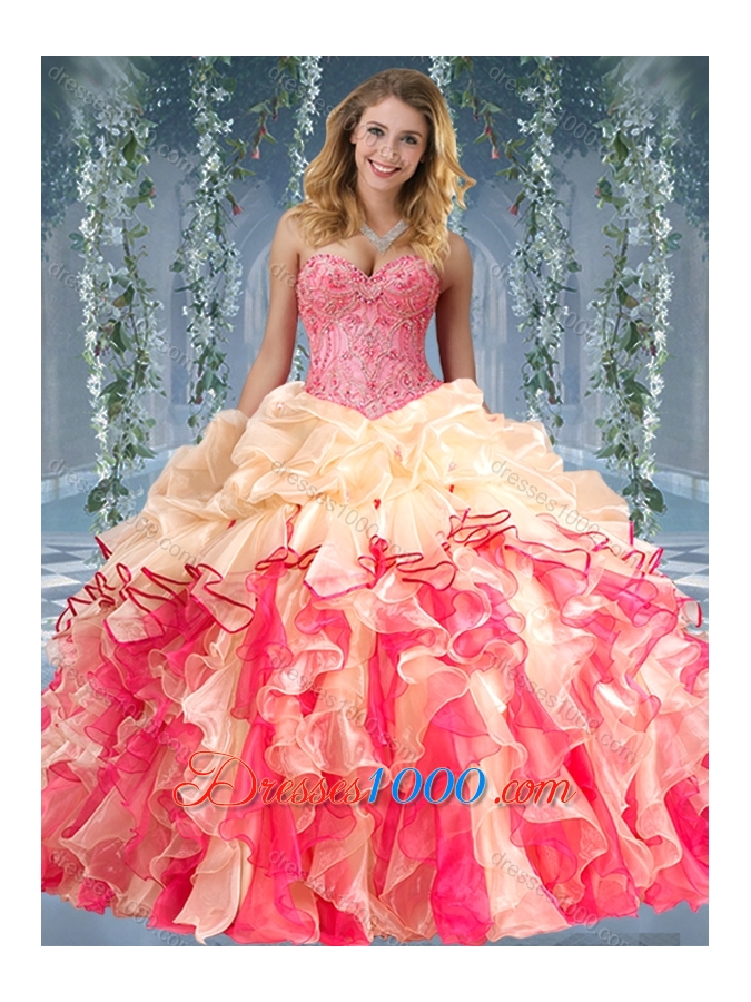 Beautiful Really Puffy Red and Champagne Beaded and Ruffled Quinceanera Dress
