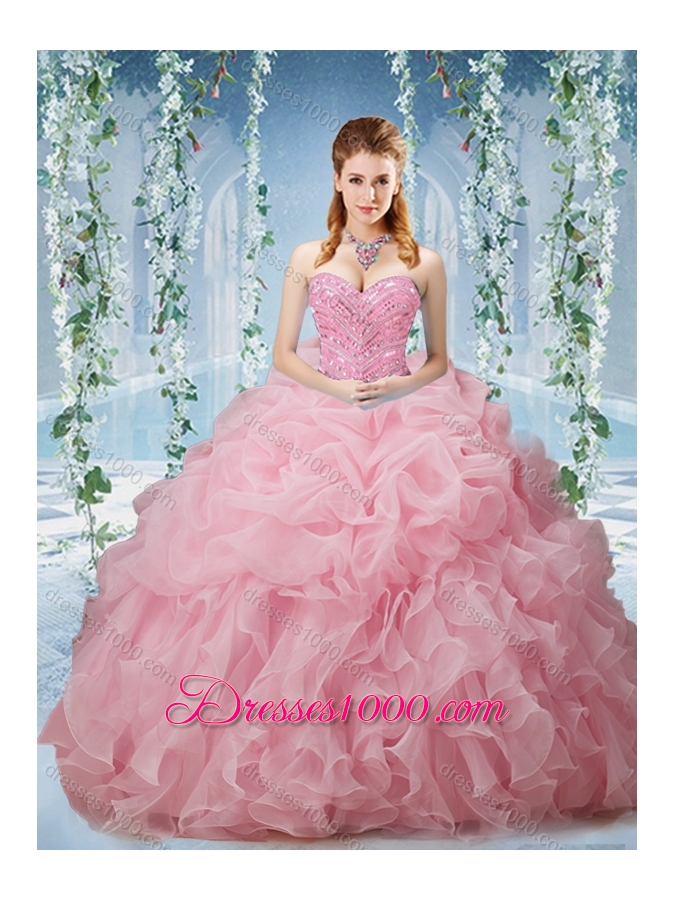 Lovely Baby Pink Brush Train Quinceanera Dresses Beaded and Ruffled
