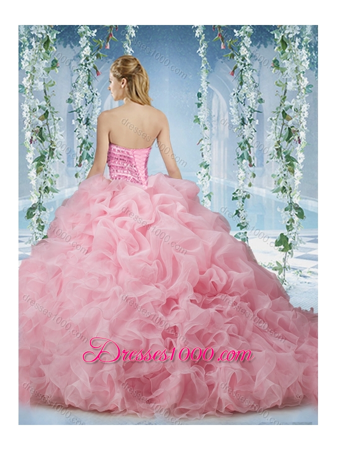 Lovely Baby Pink Brush Train Quinceanera Dresses Beaded and Ruffled