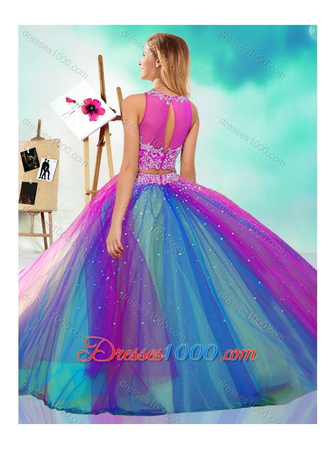 Lovely Beaded Scoop Tulle Detachable Quinceanera Gown in Rainbow Colored