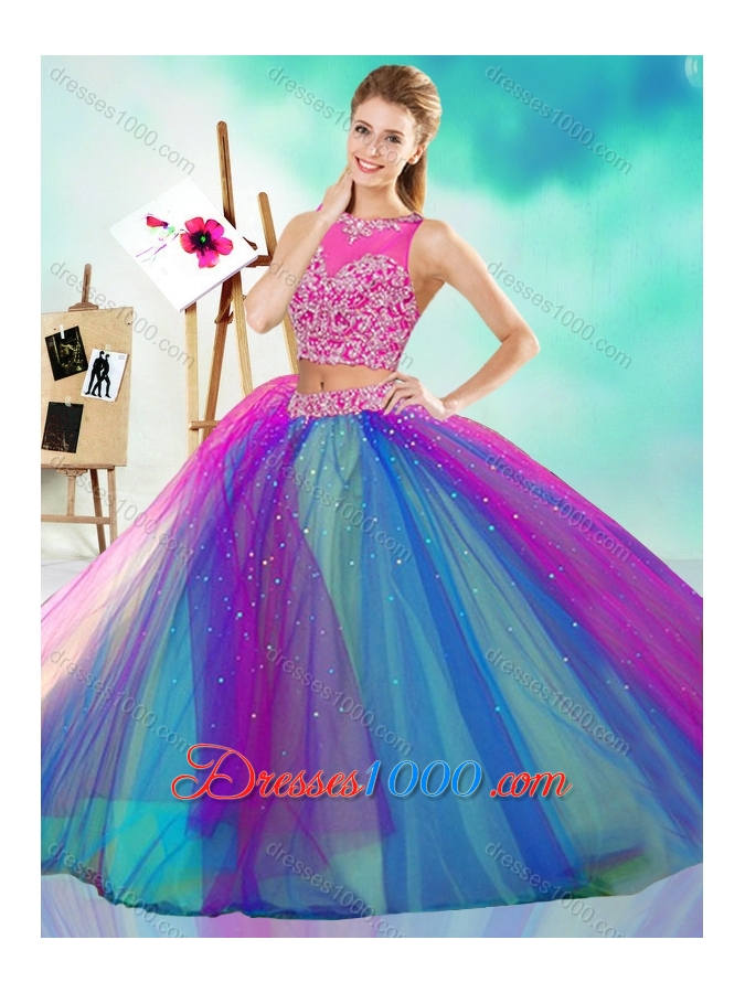 Lovely Beaded Scoop Tulle Detachable Quinceanera Gown in Rainbow Colored