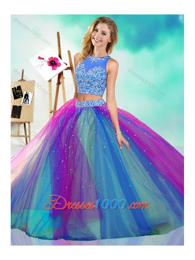 Lovely Beaded Scoop Tulle Detachable Quinceanera Gown in Rainbow Colored