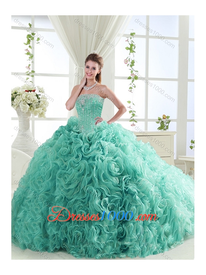 Lovely Brush Train Mint Detachable Quinceanera Dresses with Beading