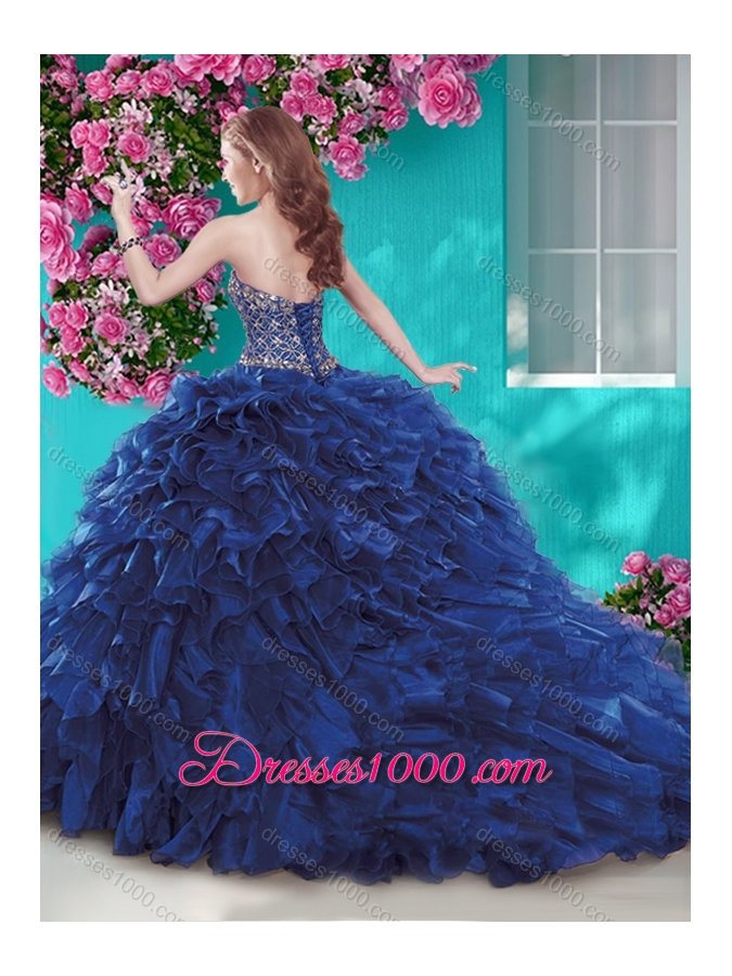 Luxurious Brush Train Blue Quinceanera Dress with Beading and Ruffles