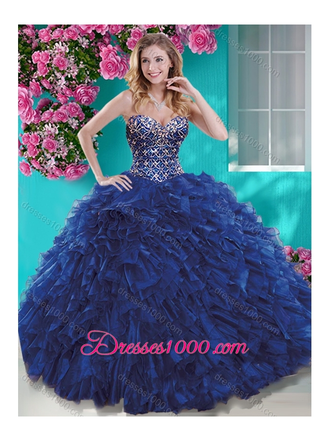 Luxurious Brush Train Blue Quinceanera Dress with Beading and Ruffles