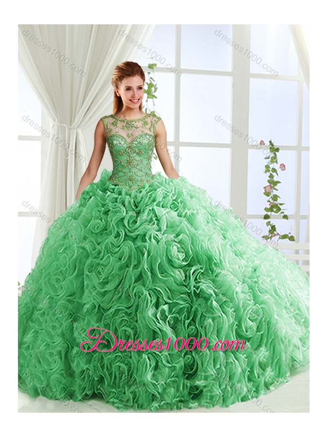 Luxurious See Through Scoop Green Detachable Quinceanera Gowns with Brush Train