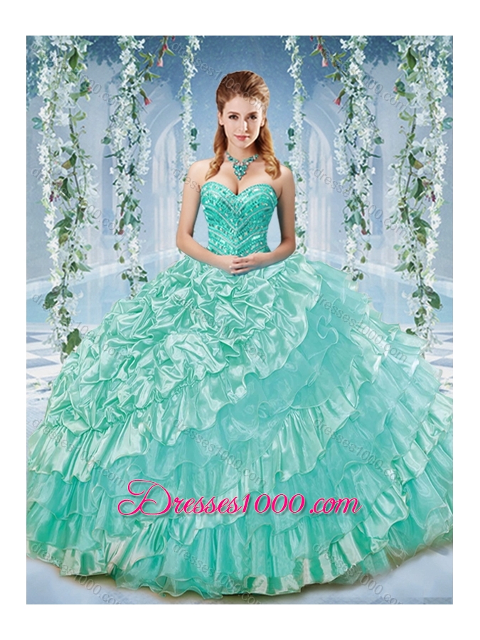 Modest Beaded and Ruffled Big Puffy Quinceanera Dress in Organza and Taffeta