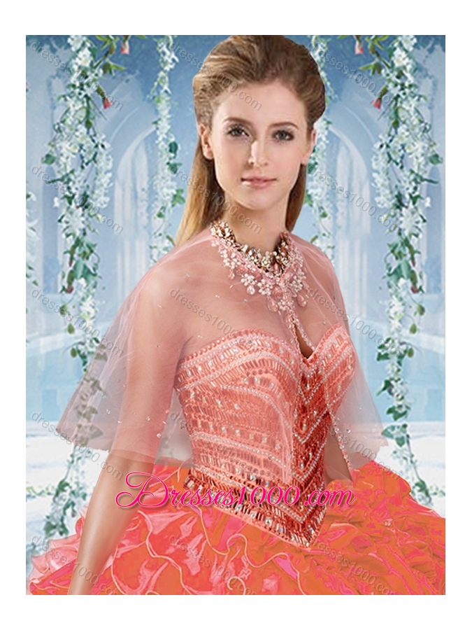 Modest Beaded and Ruffled Big Puffy Quinceanera Dress in Organza and Taffeta