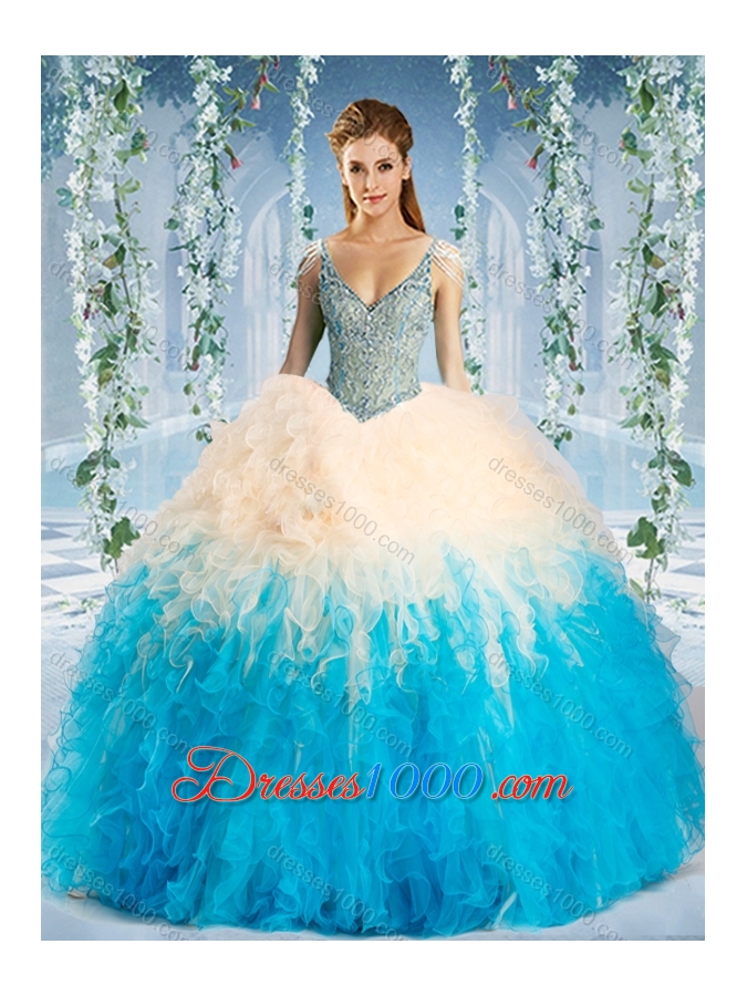 Modest Beaded Decorated Cap Sleeves Quinceanera Dress in Blue and Champagne