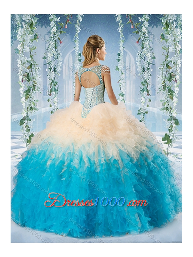 Modest Beaded Decorated Cap Sleeves Quinceanera Dress in Blue and Champagne