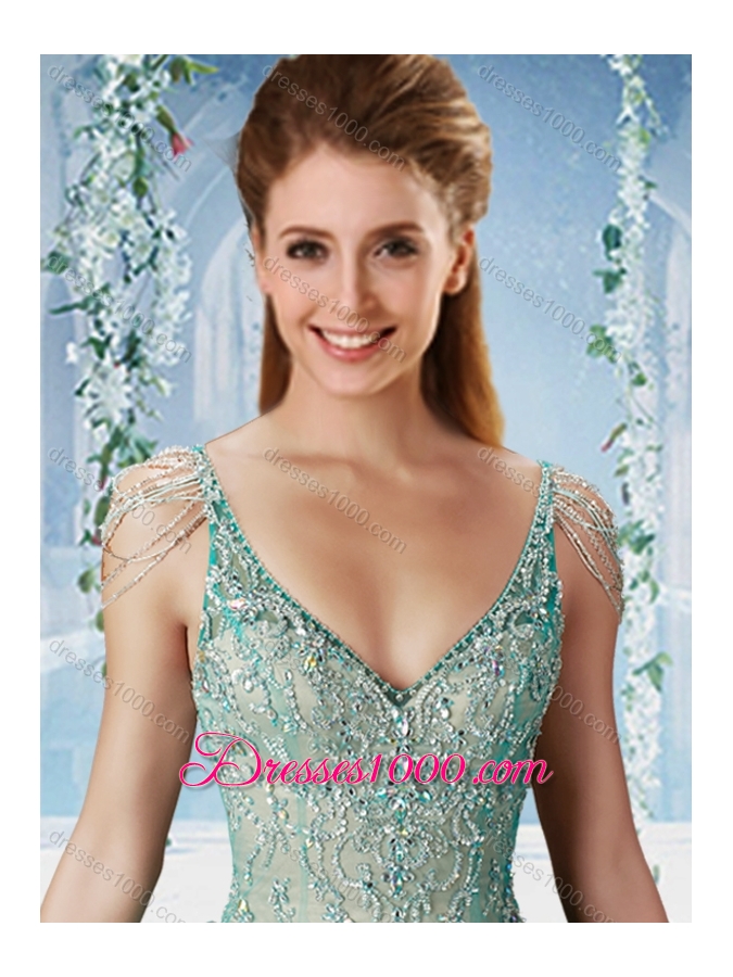 Popular Deep V Neck Big Puffy Quinceanera Dress with Beaded Decorated Cap Sleeves