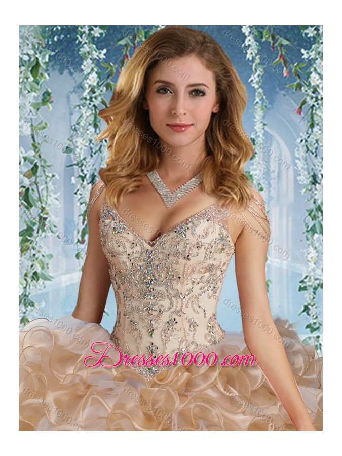 Popular Deep V Neck Big Puffy Quinceanera Dress with Beaded Decorated Cap Sleeves