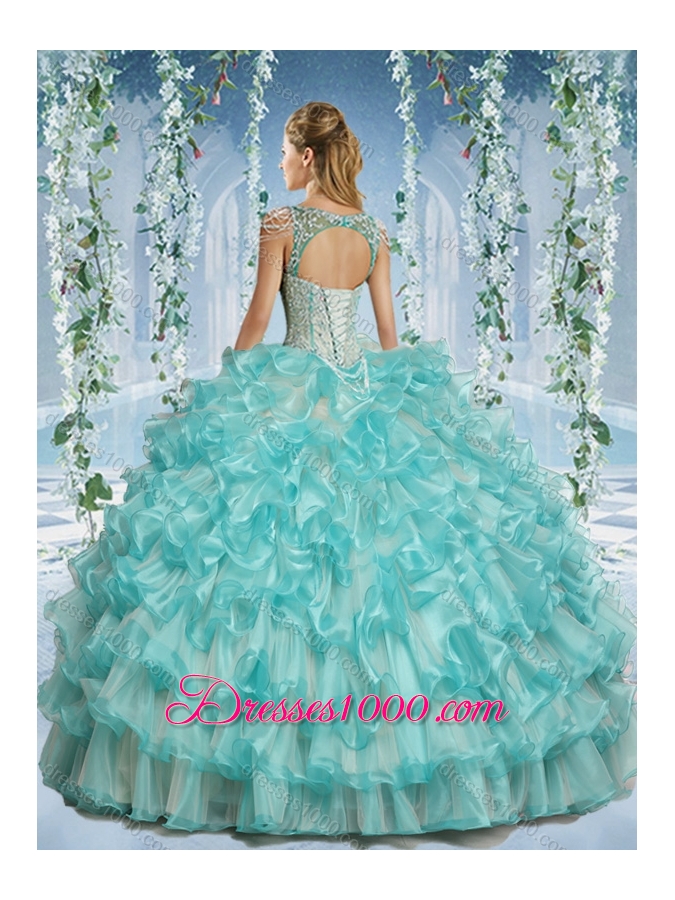 Popular Deep V Neck Big Puffy Quinceanera Dress with Beaded Decorated Cap Sleeves
