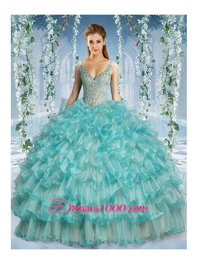 Popular Deep V Neck Big Puffy Quinceanera Dress with Beaded Decorated Cap Sleeves