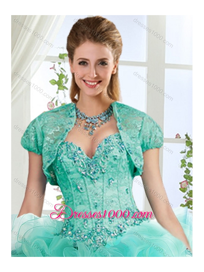 Popular Rolling Flower Mint Detachable Quinceanera Gowns with Brush Train