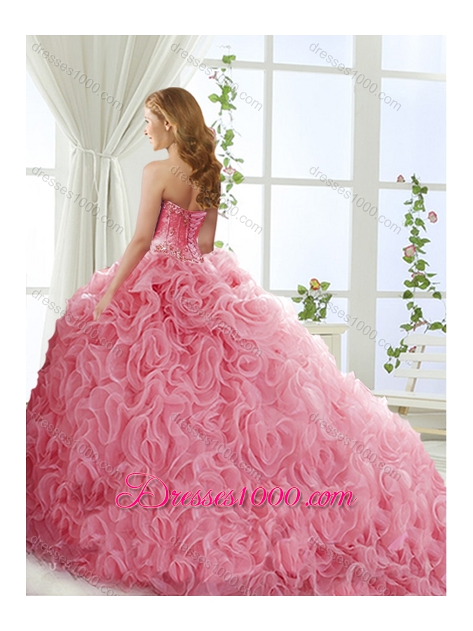 Popular Rolling Flower Mint Detachable Quinceanera Gowns with Brush Train
