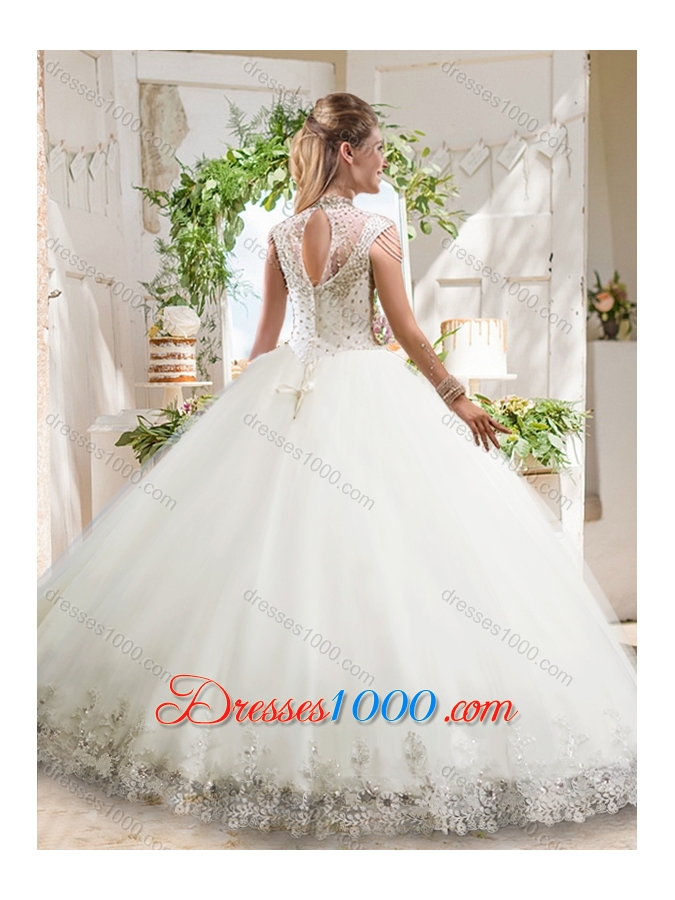 See Through Ball Gowns High Neck Lace Beaded Quinceanera Dress with Zipper Up