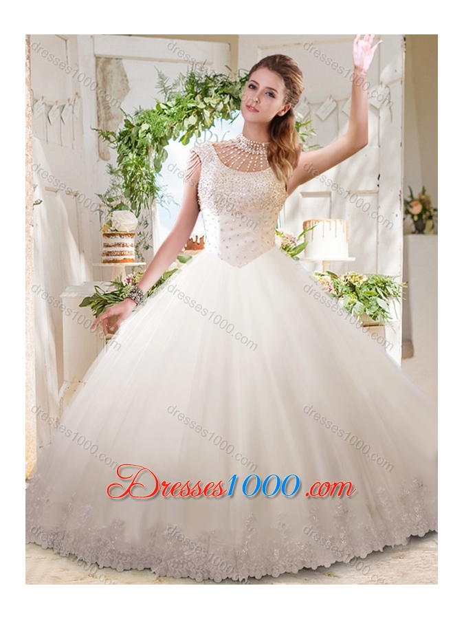 See Through Ball Gowns High Neck Lace Beaded Quinceanera Dress with Zipper Up
