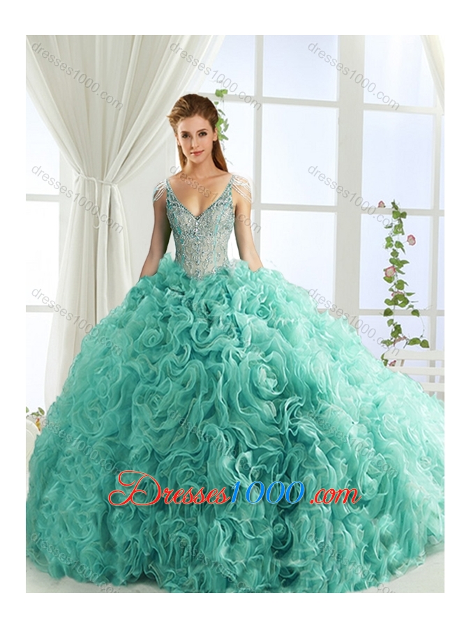 Sexy Deep V Neck Mint Detachable Quinceanera Gowns with Beading and Appliques