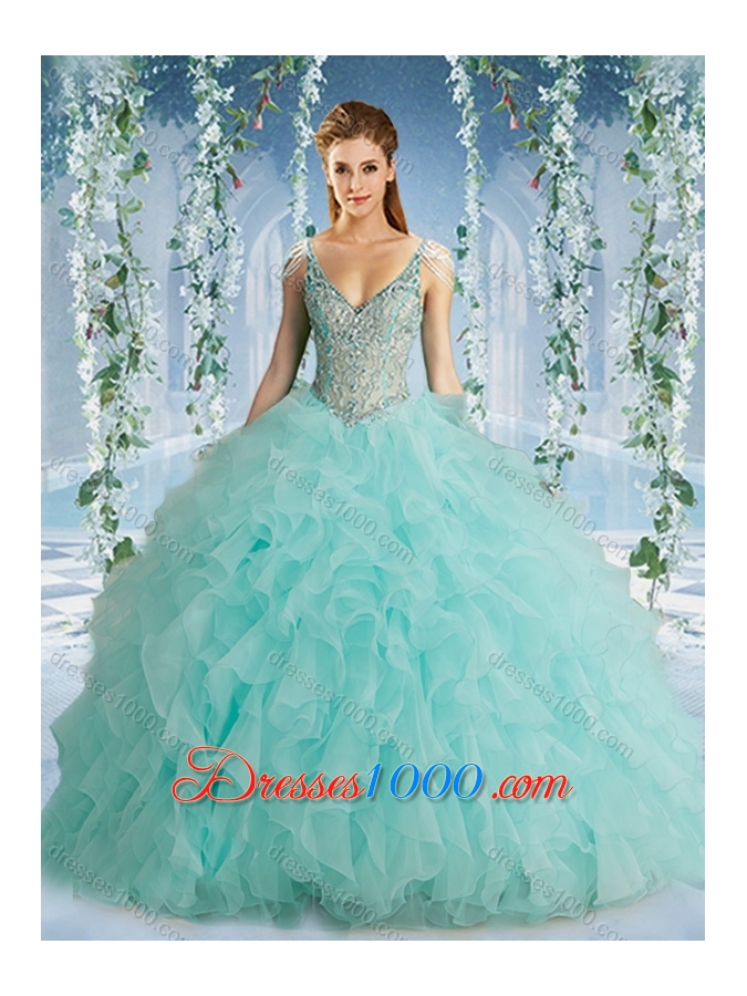 The Super Hot Beaded Decorated Cap Sleeves Quinceanera Dress with Deep V Neck