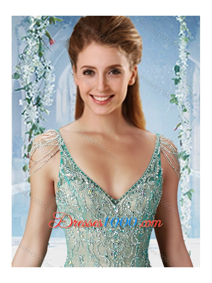 The Super Hot Beaded Decorated Cap Sleeves Quinceanera Dress with Deep V Neck