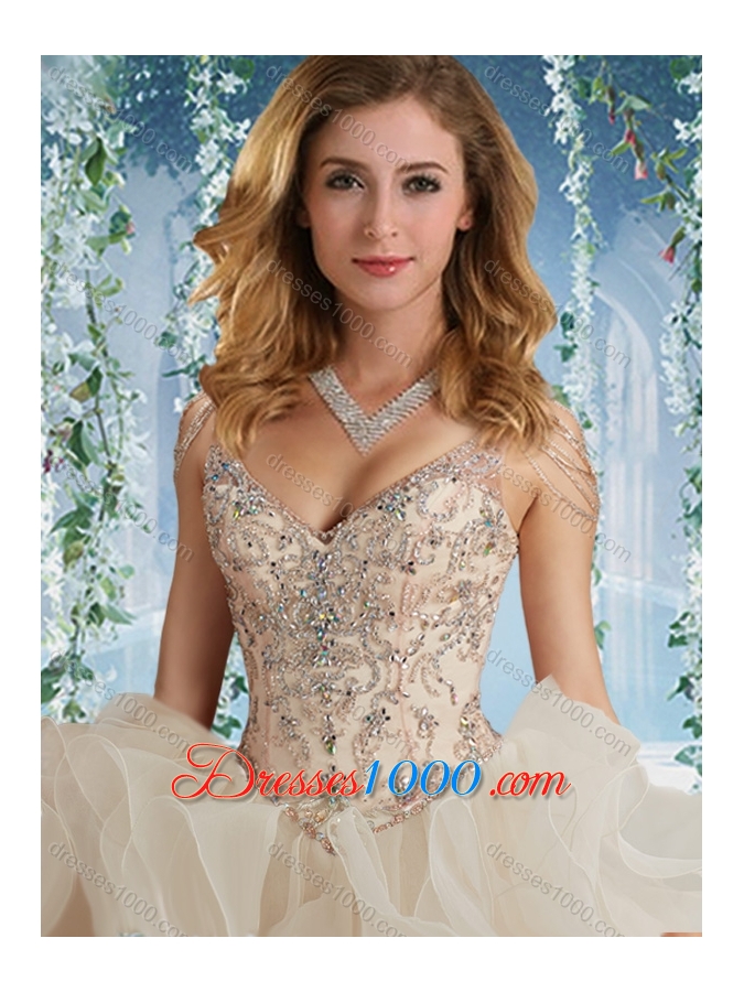 The Super Hot Beaded Decorated Cap Sleeves Quinceanera Dress with Deep V Neck