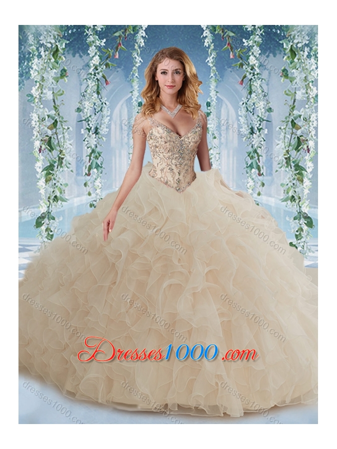 The Super Hot Beaded Decorated Cap Sleeves Quinceanera Dress with Deep V Neck
