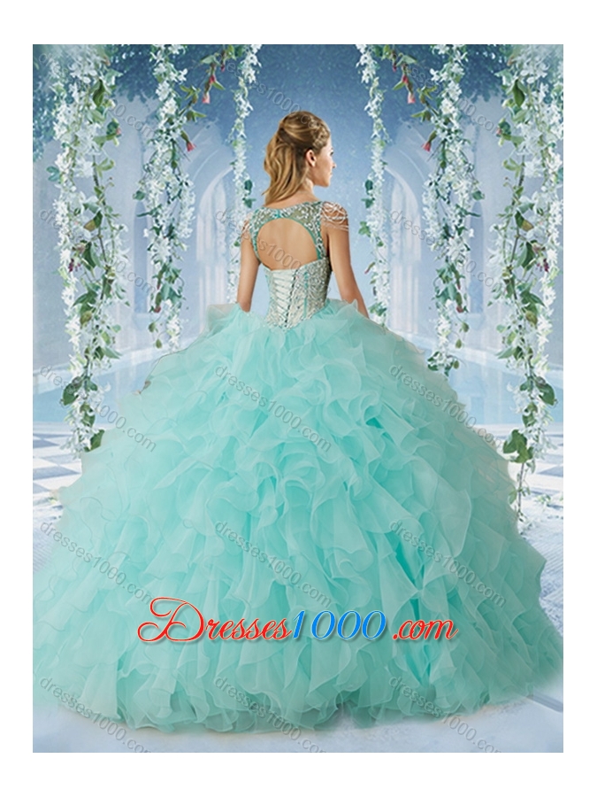 The Super Hot Beaded Decorated Cap Sleeves Quinceanera Dress with Deep V Neck