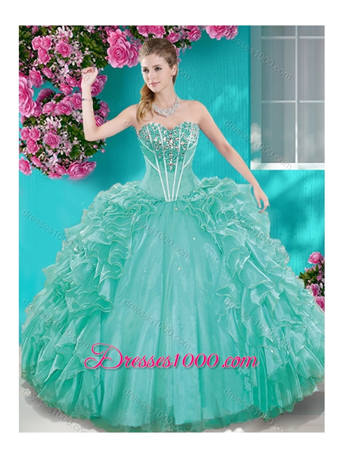 Beaded Bodice Aqua Blue Sweet Fifteen Gown with Removable Skirt
