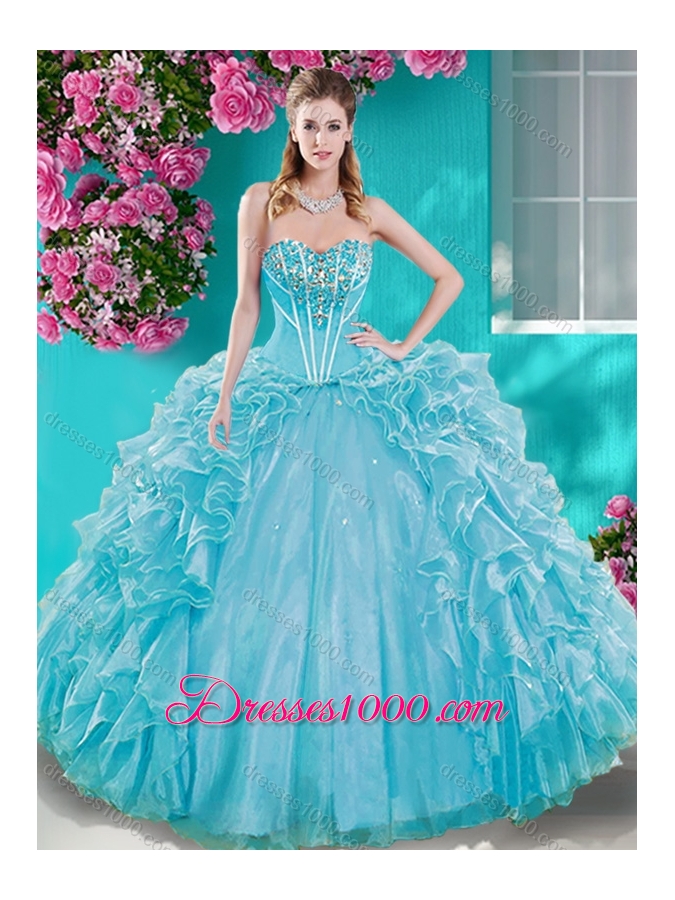 Beaded Bodice Aqua Blue Sweet Fifteen Gown with Removable Skirt